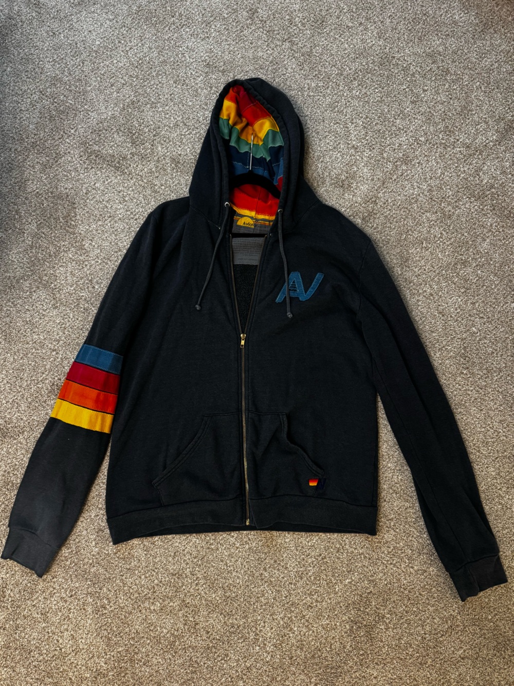 XXL Aviator Nation Gray/Blue Hoodie with Rainbow Stripe Sleeve